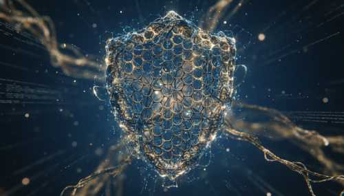 A photorealistic, high-quality image of a glowing, intricate neural network morphing into a protective shield or mesh, symbolizing biological engineering. Cinematic lighting, deep blue and gold tones, conveying strength, science, and resilience.