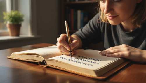 Close-up of a person confidently writing in a high-quality leather journal with a fountain pen. Natural morning light illuminating the pages. Focus on the calm and determined expression on their face, visualizing cognitive reframing and brain control. Photorealistic, 8k resolution.