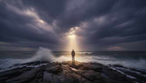 A photorealistic wide shot of a solitary figure standing calmly on a rocky shore, facing a stormy, turbulent ocean. The person stands with perfect, relaxed posture, radiating inner peace. Dark dramatic storm clouds above, but a ray of sunlight perfectly illuminates the figure. Masterpiece, highly detailed.