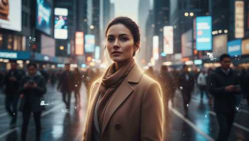 Photorealistic portrait of a calm, focused woman standing in a bustling, modern city street, a subtle glowing aura of tranquility shielding her from a blurred background of frantic commuters and glowing digital notifications. Cinematic lighting, highly detailed, symbolizing inner resilience against external chaos.