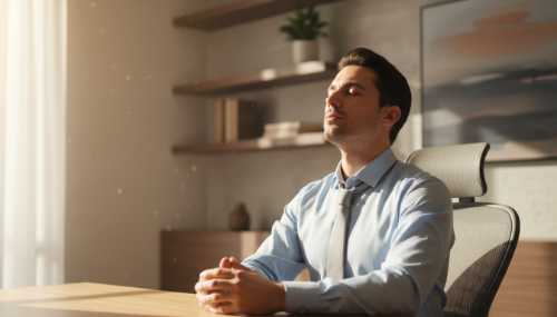 Photorealistic close-up of a professional man in a well-lit modern home office, closing his eyes and exhaling deeply, visibly releasing physical tension. Soft natural sunlight streams through the window, highlighting the serene expression on his face. Cinematic composition, 35mm lens.