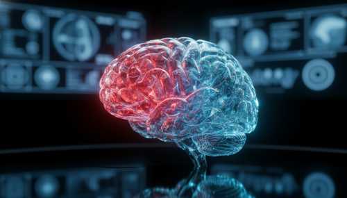 Photorealistic macro shot of a translucent, glass-like brain model, with bright red areas simulating cortisol overload slowly fading into cool, soothing blue tones. Medical, high-tech, shallow depth of field, 8k resolution, dramatic studio lighting.