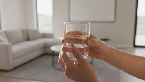 Photorealistic image of a person's hands holding a crystal-clear glass of water with intense focus and mindfulness. The background is a slightly blurred, minimalist modern living room. Sunbeams catch the water ripples, sharp focus on the glass, conveying a deep sense of psychological control and clarity. 8k.