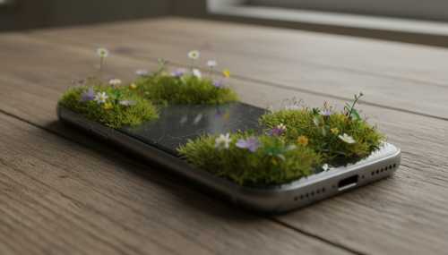 Imagen conceptual y fotorrealista de un smartphone moderno apagado y abandonado sobre una mesa de madera rústica. El teléfono está siendo cubierto por suave musgo verde y pequeñas flores silvestres, simbolizando la naturaleza reclamando y apagando el ruido digital. Iluminación natural suave, muy detallado, estilo de fotografía macro, atmósfera serena y curativa.