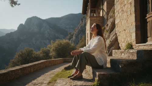 Fotografía fotorrealista de una joven sentada pacíficamente en los escalones de piedra de un monasterio rústico e iluminado por el sol en las montañas. Lleva ropa cómoda y minimalista, con los ojos suavemente cerrados, absorbiendo el silencio. No hay dispositivos electrónicos a la vista. Luz matutina suave y natural, composición cinematográfica, alta resolución, estilo National Geographic.