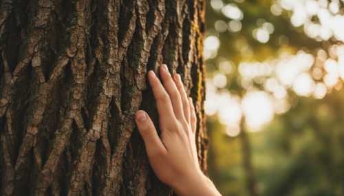 Primer plano extremo fotorrealista de la mano de una persona joven tocando suavemente la corteza texturizada de un árbol antiguo. El enfoque está en la sensación táctil y los detalles intrincados de la madera y la piel. Fondo con un suave desenfoque bokeh (bokeh effect) y luz del sol de la hora dorada filtrándose a través de hojas verdes. Alta definición, evocando paz y reconexión biológica.