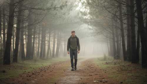 Fotografía de paisaje amplio de un joven caminando lenta y conscientemente solo por un sendero de tierra a través de un denso y brumoso bosque de pinos, practicando 'Silent walking'. Lleva ropa casual de exterior. La atmósfera es tranquila, con una ligera niebla matutina y profundamente silenciosa. Fotografía profesional de naturaleza, detalles nítidos, luz difusa suave.