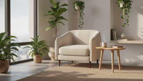 Fotografía de diseño de interiores fotorrealista de un rincón de lectura sereno y minimalista dentro de una casa moderna. Hay un sillón muy cómodo de tela suave, una taza de té humeante sobre una pequeña mesa auxiliar de madera natural y exuberantes plantas de interior. La luz del sol entra por una ventana proyectando sombras cálidas. Un santuario biológico libre de pantallas y tecnología.