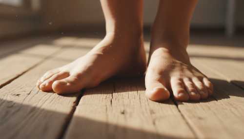 Macro photography, close-up of barefoot feet pressing firmly onto a textured wooden floor, grounding themselves. Soft morning sunlight highlights the intricate textures of the wood and the skin, evoking a strong sense of physical control, stability, and somatic anchoring. Highly realistic, 8k.