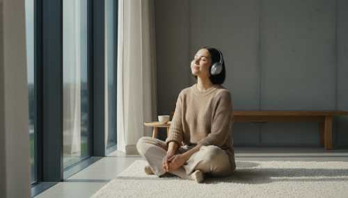 A serene, photorealistic image of a person sitting by a large window in a modern, minimalist room, their eyes gently closed, appearing highly focused on listening to ambient sounds. Soft natural light illuminates their face, evoking a peaceful, analytical, and grounded atmosphere. 35mm photography, soft shadows.