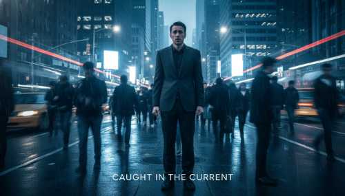A highly detailed, photorealistic image of a stressed individual standing still in the middle of a crowded, fast-paced city street. The people around them are blurred in motion (long exposure effect) to convey a feeling of being paralyzed by anxiety or a fight-or-flight response. Cold, dramatic cinematic tones, hyper-realistic.