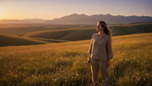 A wide, photorealistic shot of a person standing calmly in a bright, open natural landscape with distant mountains. They are smiling softly, deeply connected to the present physical world, holding a smartphone casually at their side but completely ignoring it. Warm golden hour lighting, feeling of liberation from digital stress and modern anxiety. Cinematic composition.