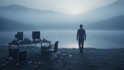 Fotografía conceptual fotorrealista que muestra el contraste entre el ruido digital y la paz natural. Un hombre de espaldas caminando hacia un sereno lago envuelto en neblina al amanecer, dejando atrás un escritorio desordenado con cables y pantallas apagadas. Luz suave y tonos fríos matutinos, ultra detallado.