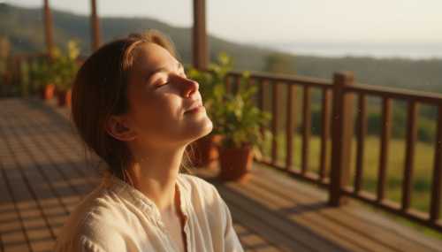 Fotografía realista de una persona joven en un balcón o porche de madera recibiendo los primeros rayos de luz solar matutina en su rostro. Ojos cerrados con una expresión de paz absoluta y reseteo biológico. Iluminación natural de hora dorada (golden hour), estilo editorial de bienestar, 8k.