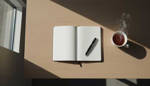 Fotografía cenital fotorrealista de un escritorio de madera minimalista iluminado por la luz natural que entra a través de una ventana. Sobre la mesa solo hay un cuaderno abierto con hojas blancas, un bolígrafo elegante y una taza de té humeante. Cero dispositivos electrónicos a la vista. Atmósfera de enfoque profundo y calma.
