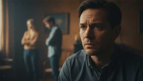 A photorealistic portrait of a thoughtful person standing in a dimly lit room, looking subtly overwhelmed but deeply observant. In the blurred background, a couple stands apart with tense body language. Cinematic lighting, soft focus on the background, emphasizing the subject's deep empathetic perception and hyperactive mirror neurons.