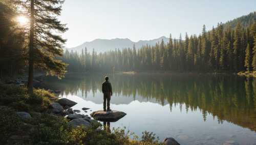 A serene, highly detailed nature photography of a person standing alone by a calm, crystal-clear lake surrounded by a lush green pine forest. The golden hour sunlight filters through the trees, creating a peaceful, grounding atmosphere. Deep focus, tranquil mood, National Geographic style.