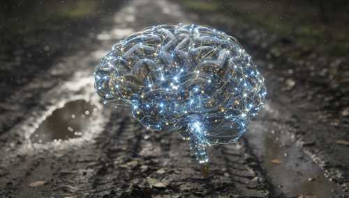 A cinematic, highly detailed conceptual photography of a glowing, high-tech human brain network represented as advanced fiber-optic sensors, contrasting against a blurry, chaotic background of a muddy path. Photorealistic, dramatic lighting, 8k resolution, representing elite biological hardware in a messy environment.