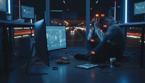 A highly detailed, dramatic image of a person sitting on a modern office floor, holding their head in their hands, looking visibly drained and overstimulated by multiple glowing digital screens, neon lights, and blurred fast-moving background traffic. Cold blueish lighting contrasting with warm glowing notifications. Cinematic representation of sensory burnout.