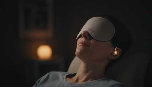 A photorealistic, calming macro photography of a person resting with high-fidelity earplugs and a sleep mask, sitting in a perfectly dark room with only a very soft, warm amber glow illuminating their face. Peaceful expression, representing radical silence, sensory detox, and brain recovery. 8k, highly aesthetic.