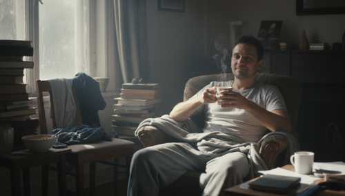 Fotografía estilo documental de un hombre en un salón desordenado, bebiendo café con mirada cansada pero con una expresión facial de genuino alivio y relajación profunda. No intenta meditar ni estar en un entorno zen, simplemente acepta el desastre a su alrededor. Luz natural de ventana, estética auténtica y realista.