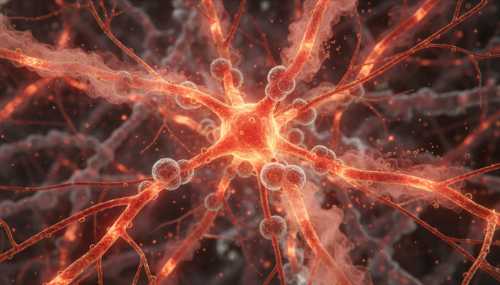 Imagen macro hiperrealista del interior del cuerpo humano mostrando una red de neuronas y conexiones sinápticas brillando con un tono rojo y anaranjado intenso. Representa visualmente la carga alostática, la inflamación y la actividad de la amígdala cerebral bajo estrés crónico. Calidad científica, render 3D hiperdetallado, 8k.