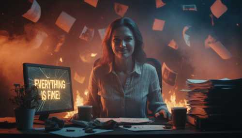 Fotografía fotorrealista y conceptual de una mujer en una oficina caótica forzando una sonrisa antinatural, mientras el fondo está lleno de humo y papeles volando, simbolizando un incendio forestal y la positividad tóxica. Iluminación cinematográfica, alta resolución, texturas reales, que refleja altos niveles de cortisol y estrés.
