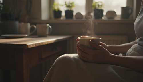 Primer plano íntimo y fotorrealista de unas manos descansando pacíficamente sobre el regazo mientras sostienen una taza de té sencilla en una cocina poco pretenciosa. La luz es cálida y acogedora. La imagen transmite una sensación de calma profunda, vulnerabilidad y aceptación sin necesidad de perfección.