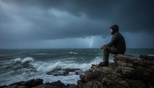 Un hombre sentado en una roca frente a un mar picado bajo un cielo tormentoso, observando la marea turbulenta sin intentar resguardarse. La imagen evoca la metáfora visual de habitar una realidad incómoda y aceptar las emociones negativas. Fotografía de paisaje dramático, iluminación natural melancólica, colores fríos y realista.