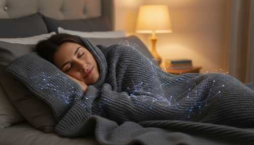 A photorealistic cinematic close-up of a person wrapping themselves tightly in a heavy, textured weighted blanket, looking calm and safe in a softly lit, cozy bedroom. Subtle glowing digital neural networks overlaying the fabric to symbolize the connection between physical pressure ('hardware') and the brain. High quality, 8k, moody lighting.