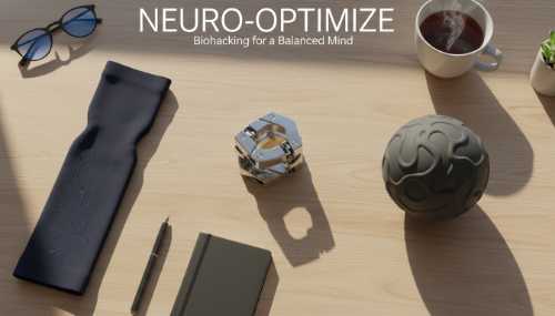 A modern, aesthetic flat lay on a wooden desk featuring tactile wellness items: a high-resistance metallic fidget toy, a textured silicone stress ball, and a sleek modern wearable compression sleeve. The lighting is warm and natural, suggesting a focused, calm lifestyle for Generation Z biohackers. Photorealistic, editorial magazine style.