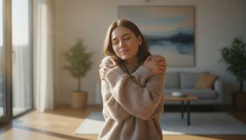 A realistic portrait of a young woman standing in a modern living room, eyes closed with a peaceful expression, giving herself a firm 'bear hug' with hands pressing deeply into her opposite deltoids. Gentle morning sunlight streaming through the window, emphasizing a moment of deep physical and mental relief. High resolution, lifestyle photography.