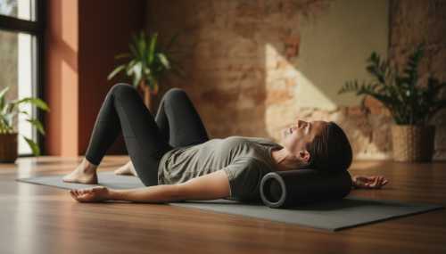 A serene, powerful shot of a person lying on a yoga mat, resting their back on a high-density foam roller, eyes closed, completely relaxed. Soft ambient lighting with earthy tones, representing being grounded and anchored in the physical body. High detail, professional fitness and wellness photography.