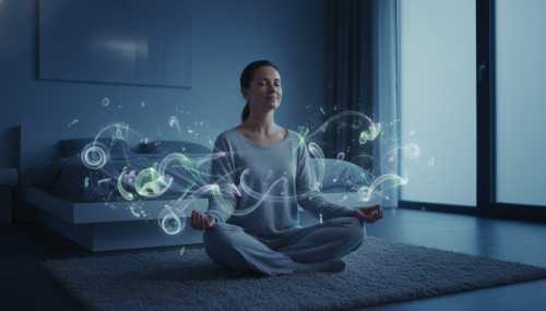 A serene, hyper-realistic portrait of a person meditating in a softly lit, modern bedroom. Subtle, ethereal glowing light patterns surround them, symbolizing neurobiological repair, cellular autophagy, and deep rest. Cool tones, deep shadows, and a deeply peaceful, restorative atmosphere.