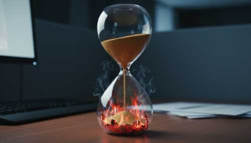 A photorealistic conceptual image of an hourglass where the top half contains sand and the bottom half contains burning embers. The background is a slightly blurred modern office setting with a computer screen glowing at night, conveying chronic modern stress, burnout, and the passage of time. High contrast, dramatic lighting.