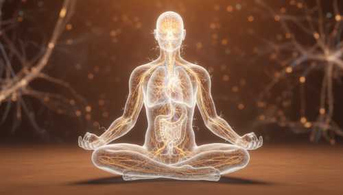 Photorealistic image of a glowing, transparent human silhouette showcasing a calm, radiant nervous system, with soft blue and gold light illuminating the vagus nerve pathway. The figure is in a state of profound relaxation, surrounded by warm ambient lighting. Cinematic composition, 8k resolution, neurobiology and biohacking conceptual art.