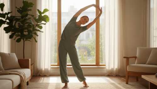 Photorealistic lifestyle image of a healthy, radiant person stretching gracefully by a large window infused with natural sunlight. The atmosphere is exceptionally peaceful and vibrant, representing longevity, extremely low stress levels, and deep well-being. Natural colors, crisp details, 8k resolution.