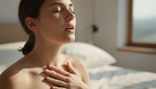 Photorealistic close-up of a person's face deeply exhaling, eyes closed in profound relaxation, with their hand gently placed on their chest. Soft, warm morning light illuminates their features, conveying an immediate shift from tension to immense relief and calm. High-end editorial wellness photography, 8k, shallow depth of field.