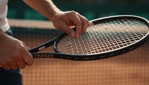 Plano detalle fotorrealista de las manos de un atleta ajustando meticulosamente las cuerdas de su raqueta de tenis. Se aprecia el sudor en las manos, un agarre firme y la textura entrelazada de las cuerdas sintéticas bajo una iluminación lateral cálida que resalta el gesto técnico. El fondo es un suave desenfoque (bokeh) de una pista deportiva en tonos arcilla y verde. Estilo documental íntimo.