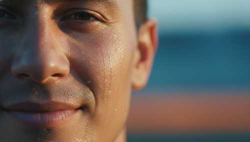 Macro fotografía fotorrealista de la mitad de un rostro masculino sonriendo de forma sutil y calmada, mientras finas gotas de sudor caen por su piel tras un esfuerzo físico extremo. Iluminación dramática y deportiva que resalta los poros y la textura de la piel. Transmite una poderosa sensación de dominio biológico, coherencia cardíaca y paz mental en medio de la tensión competitiva. Estilo National Geographic.