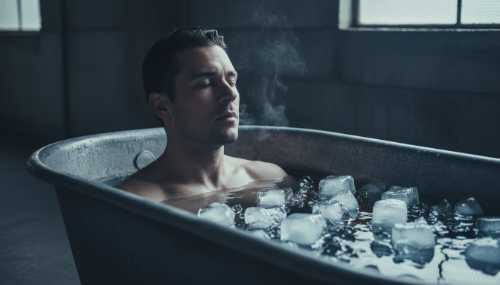 Fotografía fotorrealista y cinematográfica de un hombre sumergido hasta el cuello en una bañera metálica llena de agua y grandes cubos de hielo. Su expresión facial refleja una concentración profunda, calma estoica y un fuerte control respiratorio. Tonos azules, gélidos y metálicos dominan la paleta de colores, transmitiendo la idea de resiliencia extrema y entrenamiento del sistema nervioso. Alta resolución, textura cristalina del hielo muy detallada.