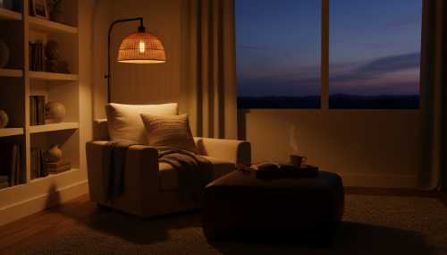 Cozy, intimate interior shot of a relaxing living space at dusk. A comfortable armchair is illuminated by a floor lamp emitting a very warm, soft, amber glow (mimicking a primitive campfire). The overhead lights are completely off, creating deep, comforting shadows. A serene ambiance that promotes relaxation, high-quality photorealistic interior design photography, cinematic lighting.