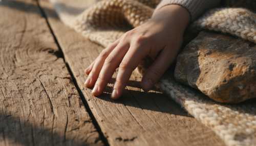 Extreme close-up macro photography of a person's hand gently resting on a beautifully textured, raw natural wood surface. Next to it, a rough organic stone element and a softly woven wool blanket. Soft, warm sunlight highlights the natural fractal grains of the wood. Tactile, sensory, highly detailed, sharp focus, soothing earth tones, photorealistic.