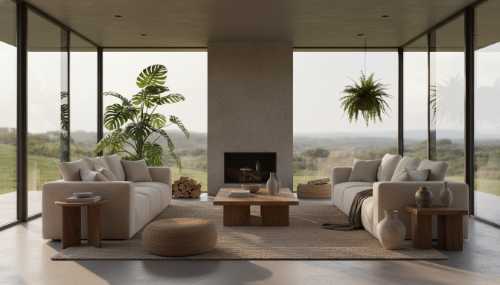 Photorealistic wide shot of a beautifully balanced, modern but organic living room. Warm natural sunlight streaming through large windows, lush indoor plants with natural fractal patterns, solid natural wood furniture, and soft linen textures. The atmosphere is extremely calm, safe, and welcoming, embodying the principles of neuroarchitecture and biological refuge. High-end architectural photography, soft natural lighting, 8k resolution.