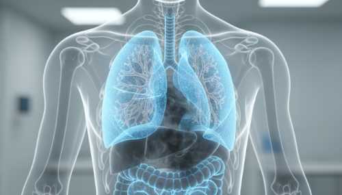 A photorealistic macro visualization of human lungs and alveoli glowing softly in a cool, calming blue hue inside a translucent torso. The image demonstrates a deep breath and rapid oxygenation, clearing away dark smoke-like CO2, designed with a clean, modern medical and scientific aesthetic.