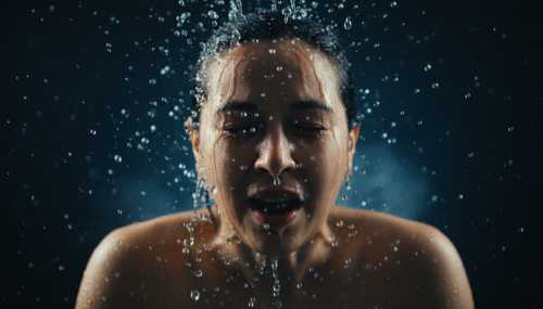 A high-speed, cinematic close-up shot of a person splashing freezing cold water onto their face. Crystal clear water droplets are suspended in mid-air. The lighting is dark and dramatic, capturing an expression of sudden shock transitioning into immediate, profound relief, highlighting the mammalian dive reflex.