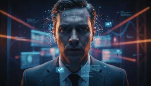 A highly realistic, cinematic portrait of a stressed modern professional looking overwhelmed amidst blurred glowing screens and notifications. The image features a subtle, high-tech neurological glowing overlay around the head, representing a 'descalibrated brain' and cortisol overload. Dark background with cool neon blue and orange accents.