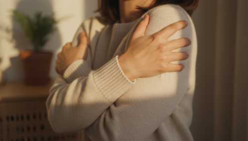 A highly detailed, soft-lit close-up of a person's hands firmly pressing against their opposite shoulders in a self-hug or deep mechanical pressure gesture. The lighting is warm and natural, conveying a profound sense of grounding, physical safety, and the silencing of nervous system noise.