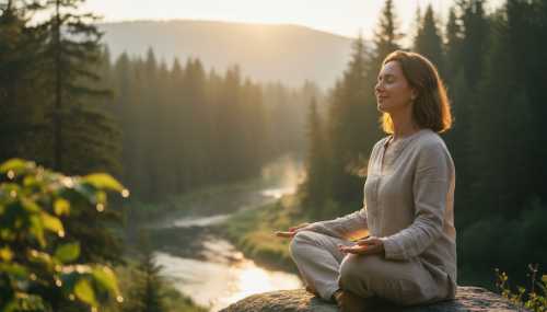 A serene, photorealistic image of a person sitting outdoors in nature, completely relaxed, eyes closed, bathed in warm golden hour sunlight. The scene signifies deep biological balance, homeostasis, and nervous system recovery. Soft focus background with lush green elements.
