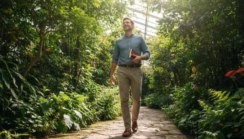 A creative professional dressed in casual smart attire, walking energetically through a bright, green botanical garden. They look highly inspired, with a slight smile, holding a closed small notebook in one hand. Bright mid-day sunlight, dynamic composition conveying a 'eureka' moment and mental clarity.